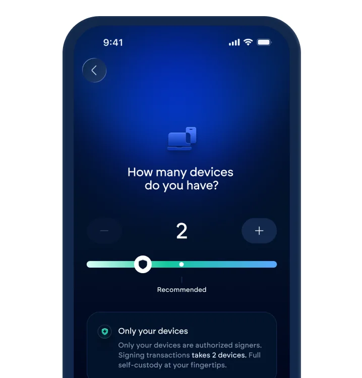 Vultisig on iPhone asking how many devices the vault should use, with the slider set to 2