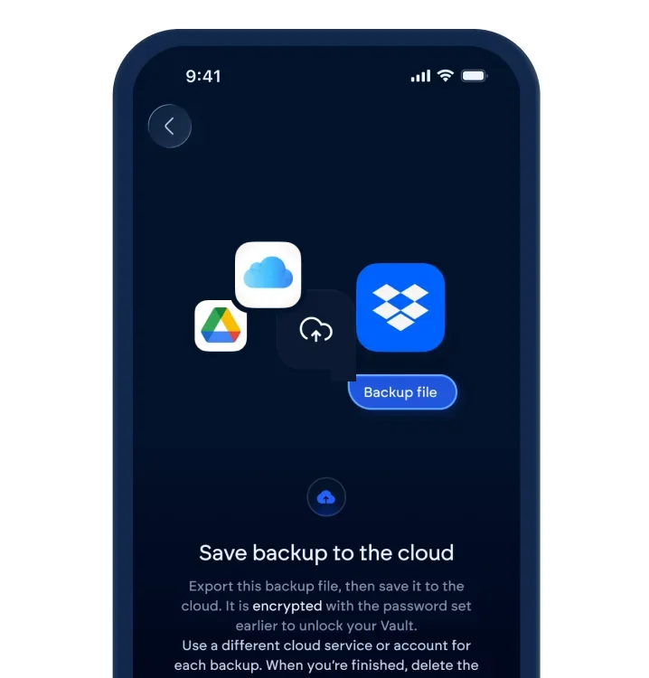 Vultisig on iPhone offering to save an encrypted backup file to iCloud, Google Drive or Dropbox