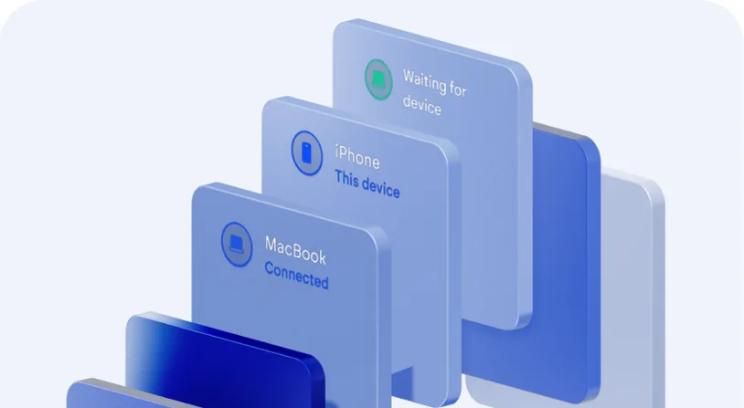 Stacked device cards labelled MacBook connected, iPhone this device, and one still waiting