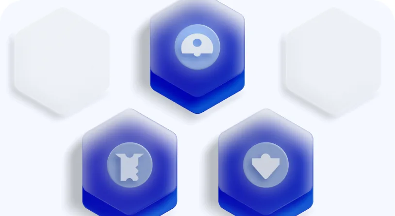 A honeycomb of hexagon tiles, three of them holding key, shield and signature glyphs