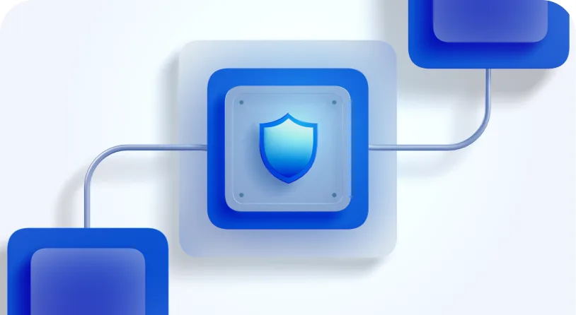 A shield in a glass tile wired to two blue key-share tiles