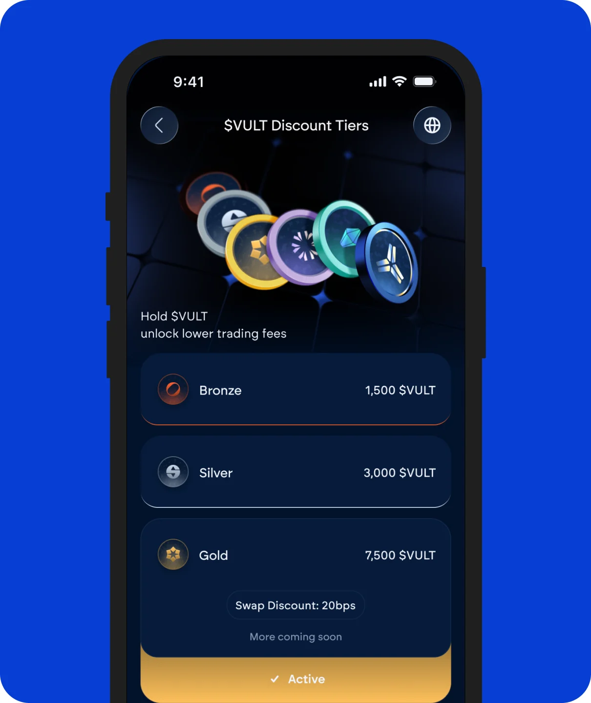 The Vultisig app's $VULT Discount Tiers screen, listing Bronze at 1,500 $VULT, Silver at 3,000 and Gold at 7,500 with its 20bps swap discount active