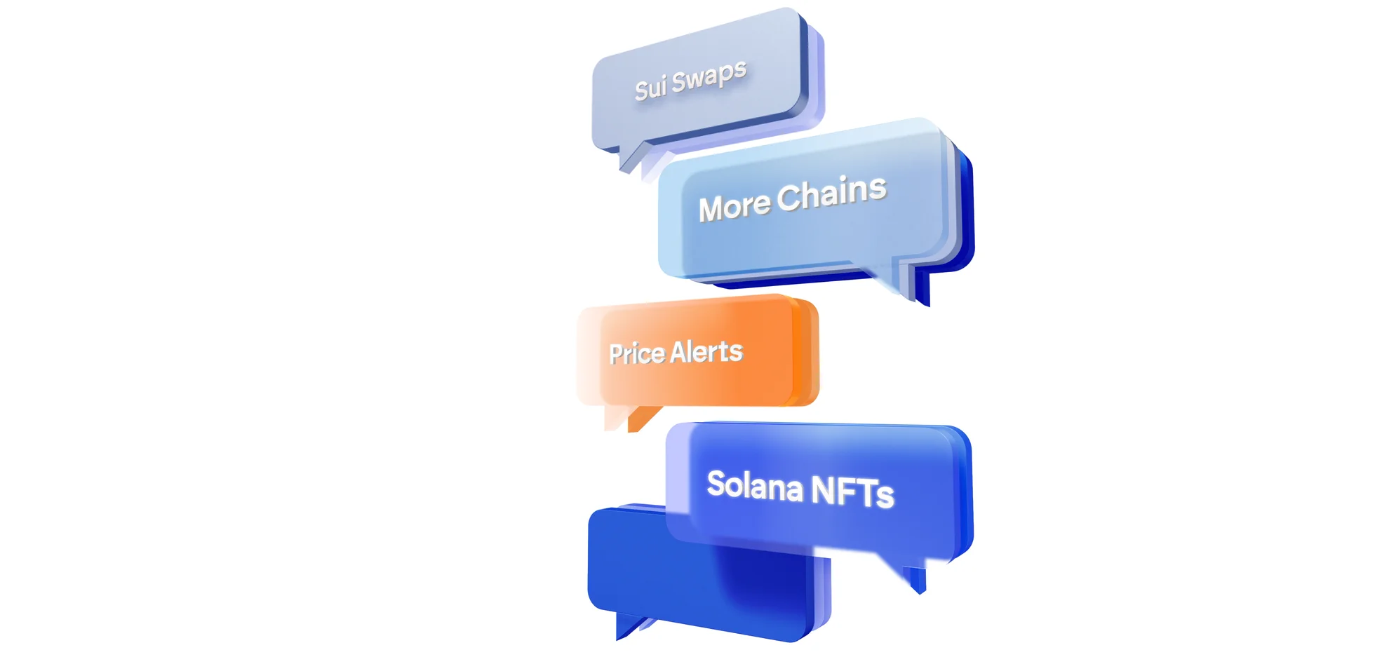 Four stacked 3D speech bubbles reading More Chains, Price Alerts and Solana NFTs, angled toward a white spotlight