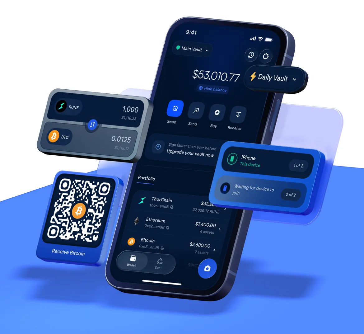 Vultisig mobile vault showing a $53,010.77 balance, a Bitcoin receive QR code and two devices co-signing a transaction
