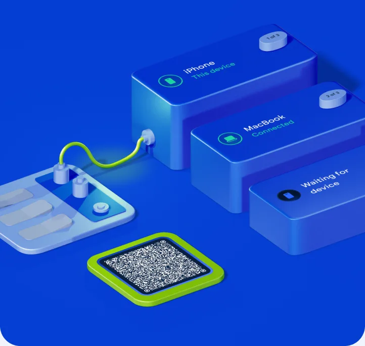Three vault shares shown as isometric blue blocks — iPhone signed, MacBook connected, a third device still waiting — linked to a pairing QR code