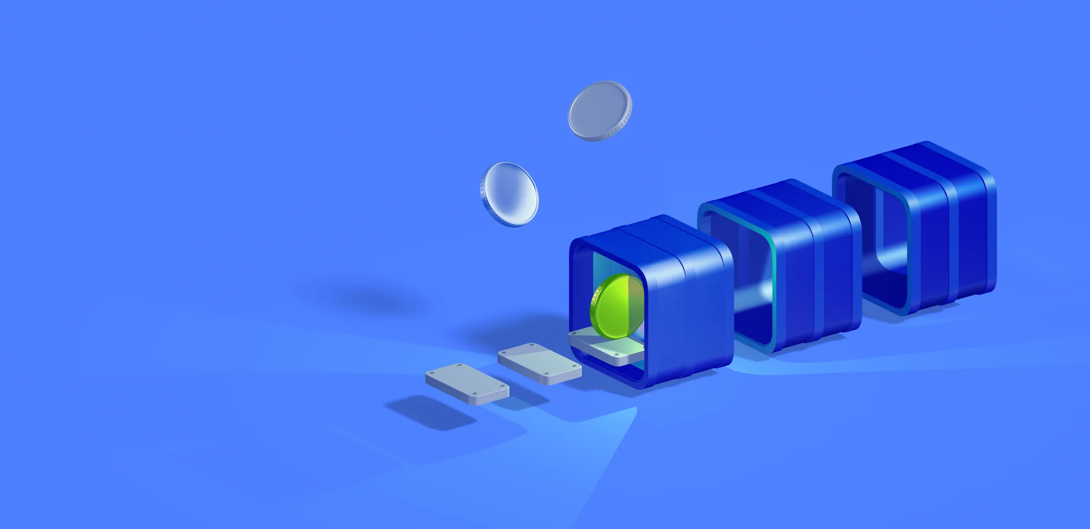 Three isometric blue vaults in a row, the nearest one open with a green key inside, beside floating coins and key-share tiles