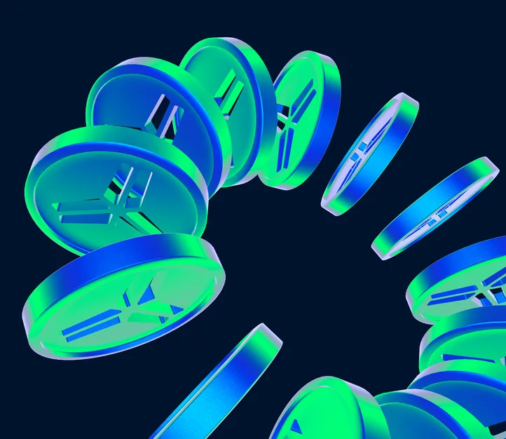 A scattered arc of 3D $VULT coins in green and blue, each stamped with the Vultisig mark